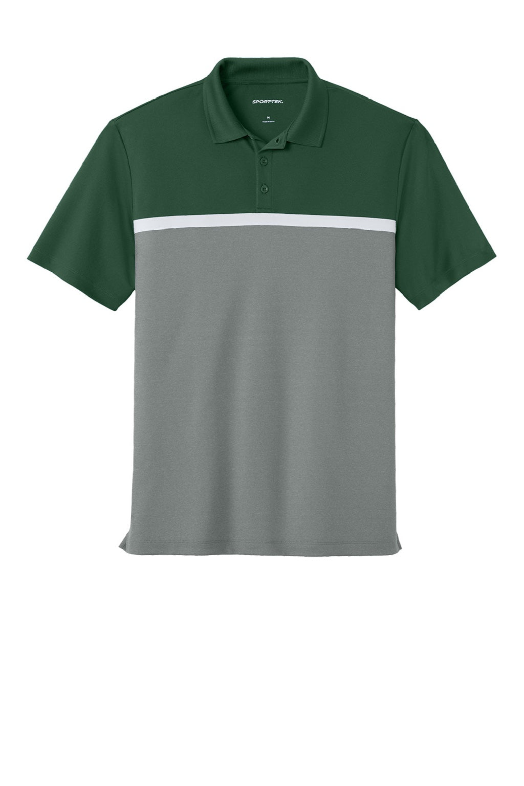 Sport-Tek ST741 Mens UV Micropique Colorblock Moisture Wicking Short Sleeve Polo Shirt Forest Green/Heather Concrete Grey/White Flat Front