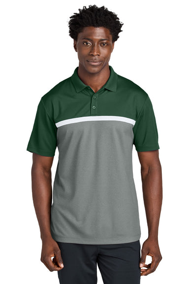 Sport-Tek ST741 Mens UV Micropique Colorblock Moisture Wicking Short Sleeve Polo Shirt Forest Green/Heather Concrete Grey/White Model Front