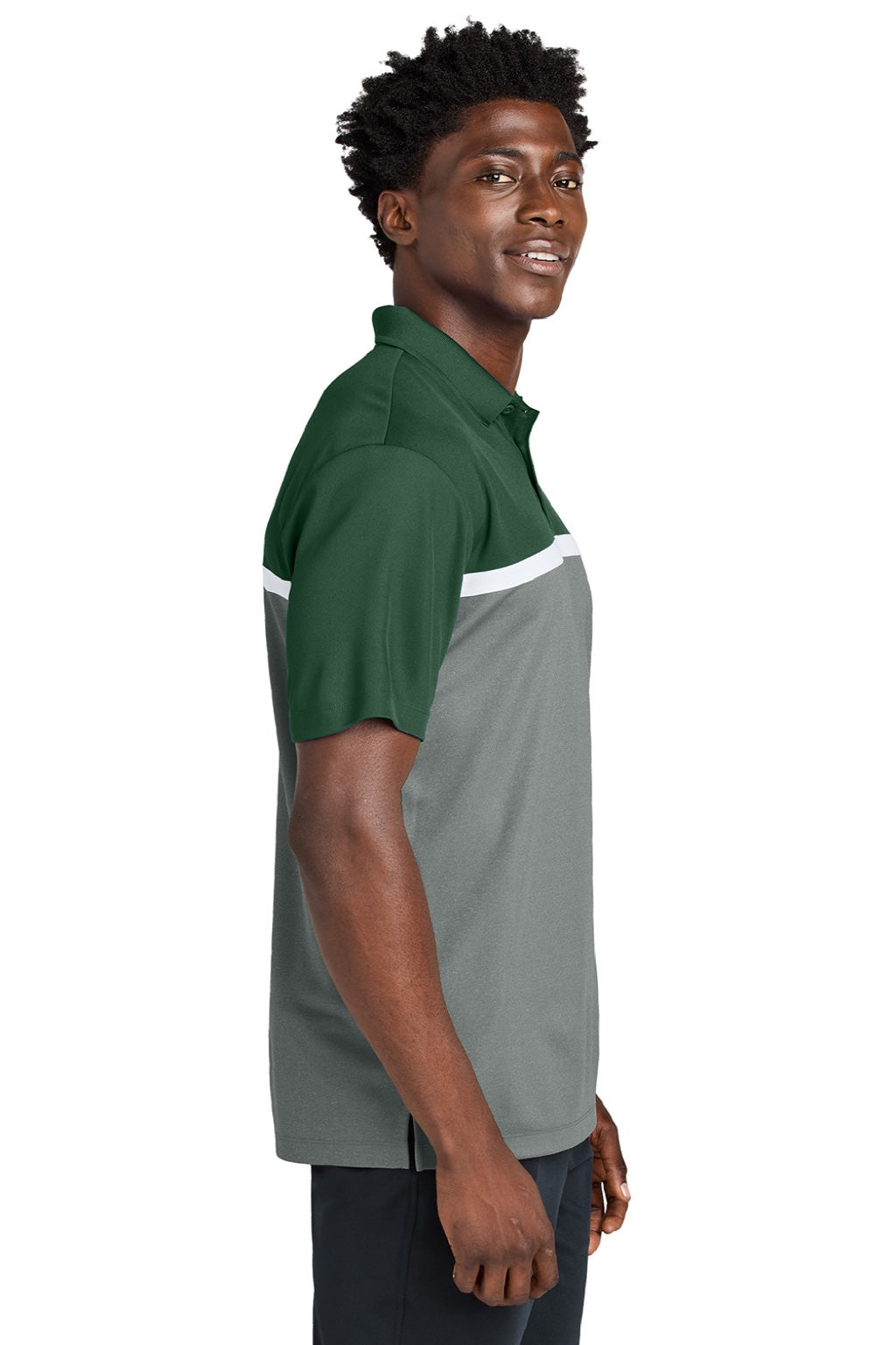 Sport-Tek ST741 Mens UV Micropique Colorblock Moisture Wicking Short Sleeve Polo Shirt Forest Green/Heather Concrete Grey/White Model Side