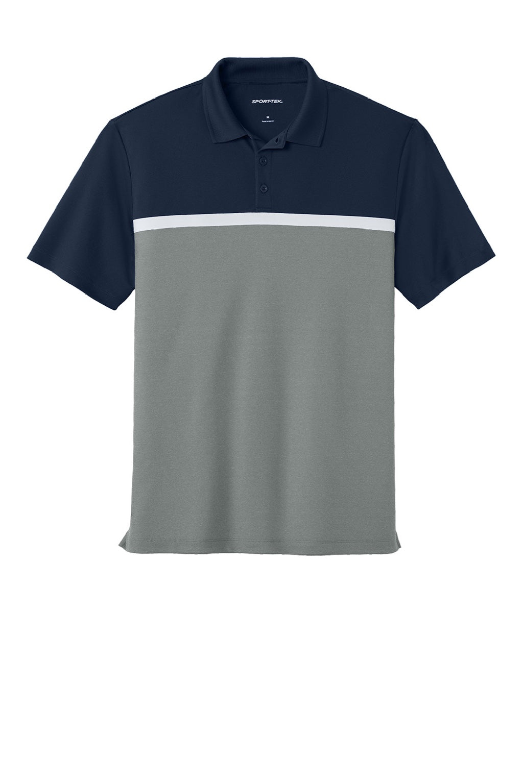 Sport-Tek ST741 Mens UV Micropique Colorblock Moisture Wicking Short Sleeve Polo Shirt True Navy Blue/Heather Concrete Grey/White Flat Front