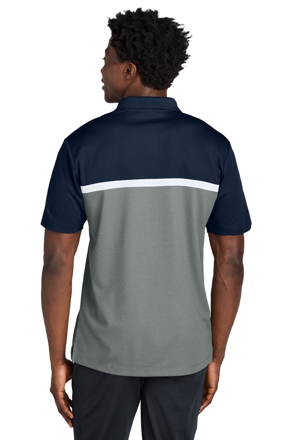 Sport-Tek ST741 Mens UV Micropique Colorblock Moisture Wicking Short Sleeve Polo Shirt True Navy Blue/Heather Concrete Grey/White Model Back