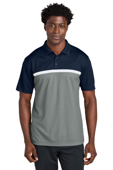 Sport-Tek ST741 Mens UV Micropique Colorblock Moisture Wicking Short Sleeve Polo Shirt True Navy Blue/Heather Concrete Grey/White Model Front