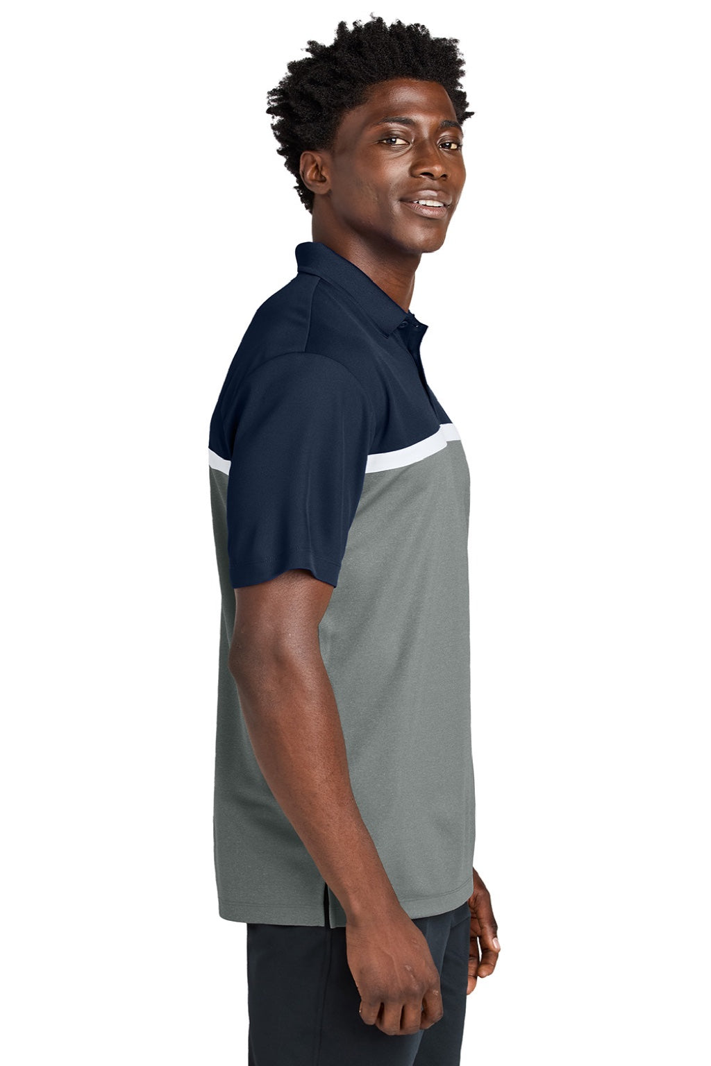 Sport-Tek ST741 Mens UV Micropique Colorblock Moisture Wicking Short Sleeve Polo Shirt True Navy Blue/Heather Concrete Grey/White Model Side