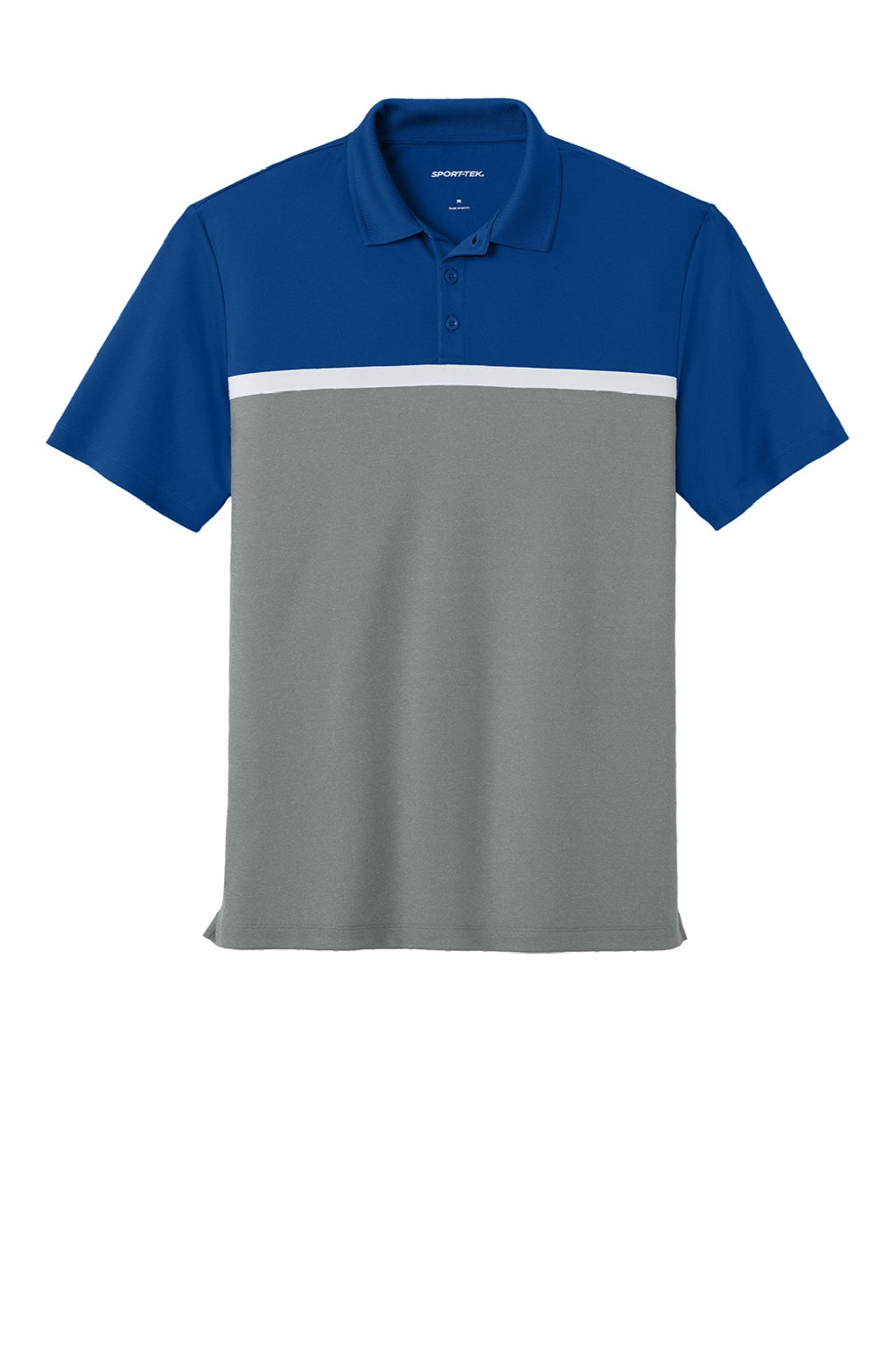 Sport-Tek ST741 Mens UV Micropique Colorblock Moisture Wicking Short Sleeve Polo Shirt True Royal Blue/Heather Concrete Grey/White Flat Front