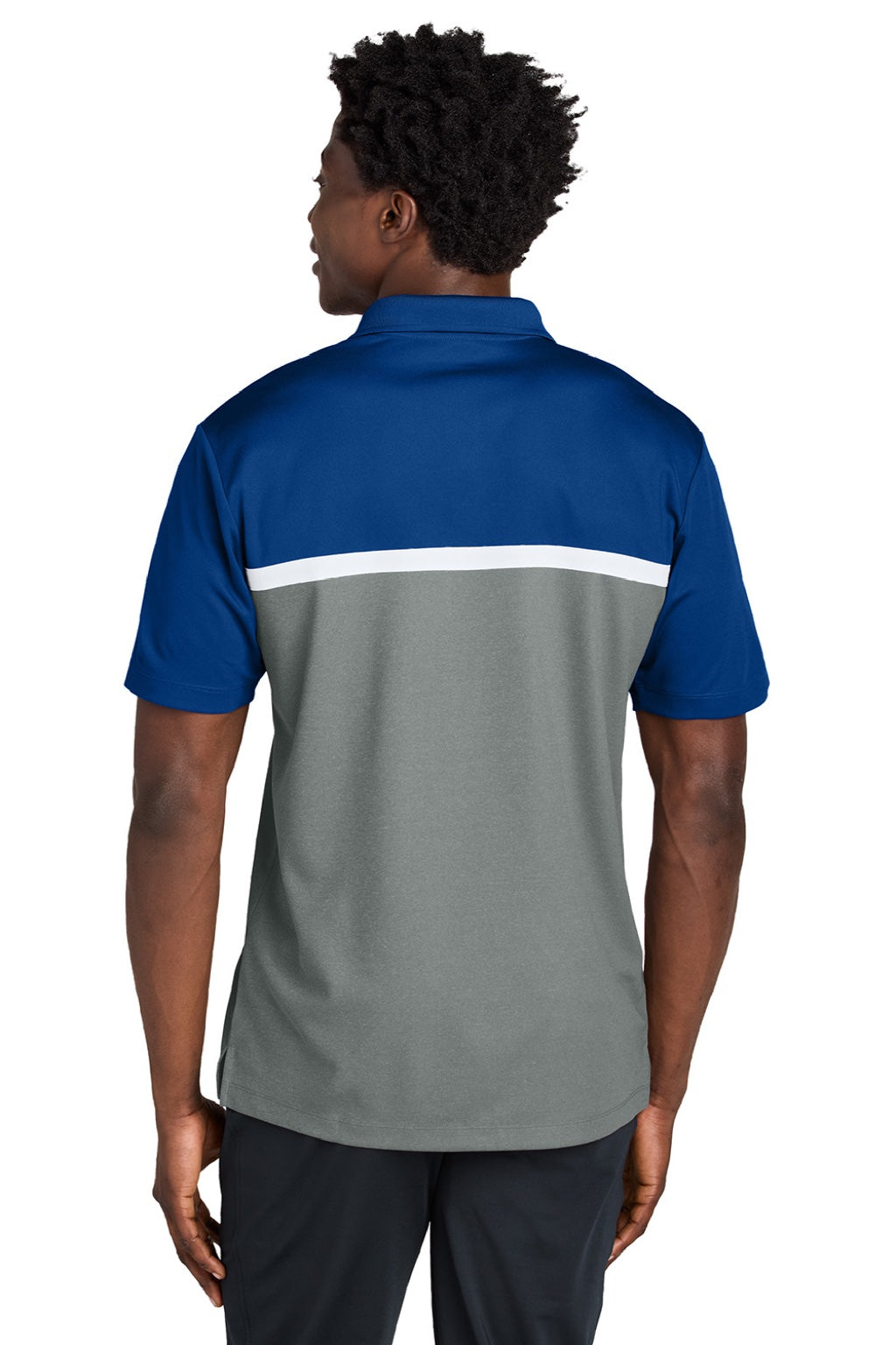 Sport-Tek ST741 Mens UV Micropique Colorblock Moisture Wicking Short Sleeve Polo Shirt True Royal Blue/Heather Concrete Grey/White Model Back