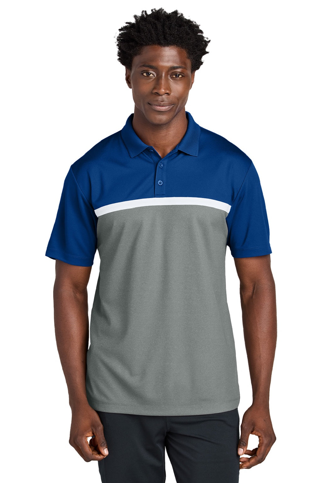 Sport-Tek ST741 Mens UV Micropique Colorblock Moisture Wicking Short Sleeve Polo Shirt True Royal Blue/Heather Concrete Grey/White Model Front