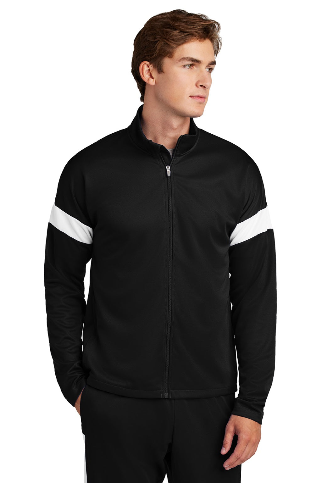 Sport-Tek ST800 Mens Moisture Wicking Travel Full Zip Jacket Black/White Model Front