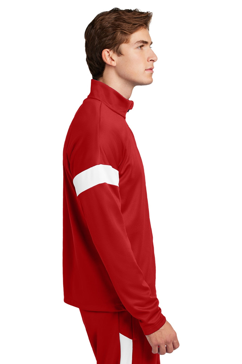 Sport-Tek ST800 Mens Moisture Wicking Travel Full Zip Jacket Deep Red/White Model Side