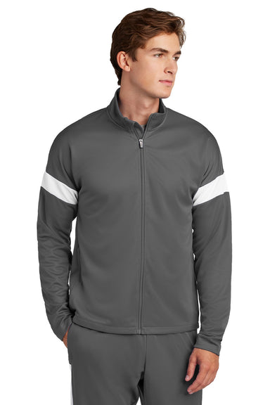 Sport-Tek ST800 Mens Moisture Wicking Travel Full Zip Jacket Iron Grey/White Model Front
