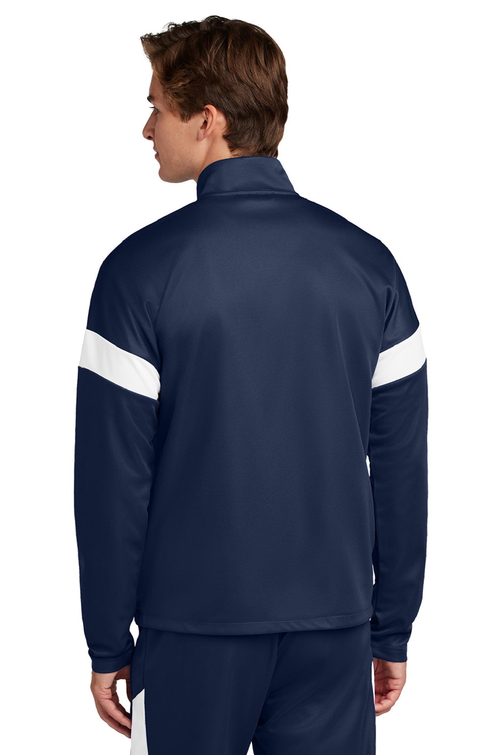 Sport-Tek ST800 Mens Moisture Wicking Travel Full Zip Jacket True Navy Blue/White Model Back