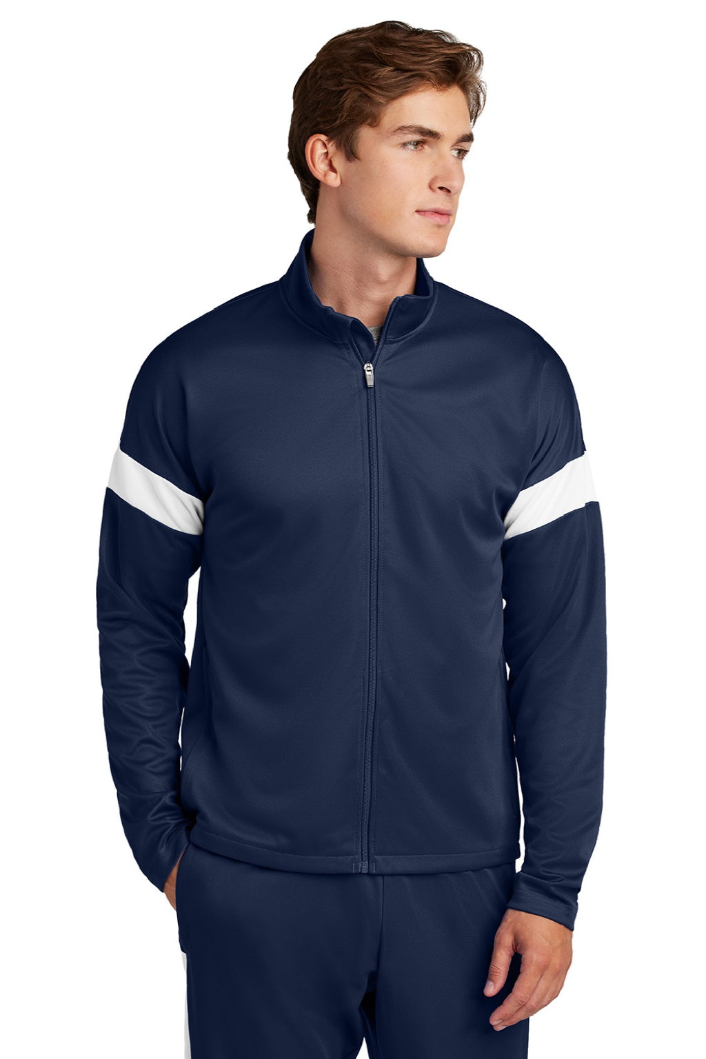 Sport-Tek ST800 Mens Moisture Wicking Travel Full Zip Jacket True Navy Blue/White Model Front