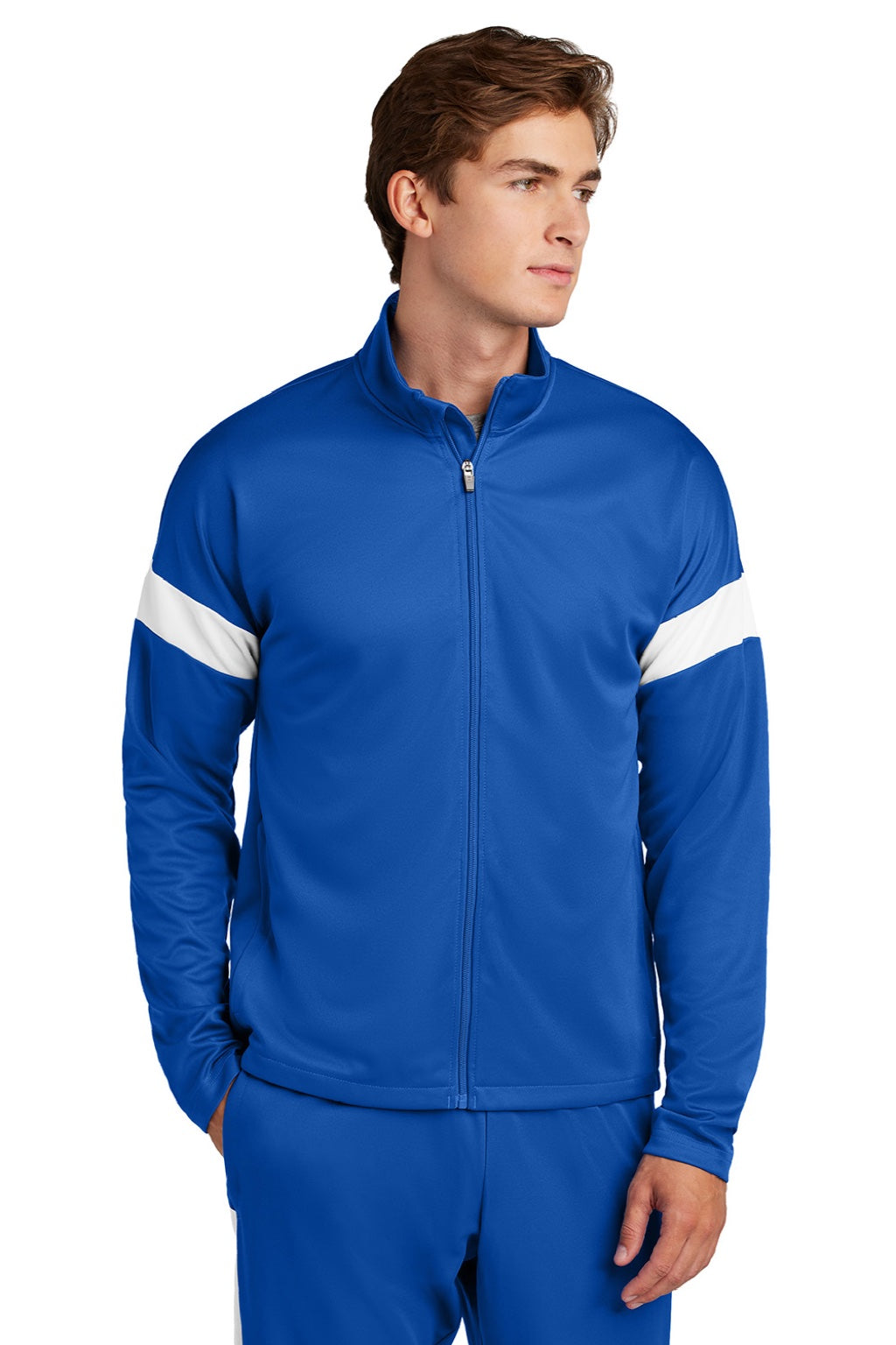 Sport-Tek ST800 Mens Moisture Wicking Travel Full Zip Jacket True Royal Blue/White Model Front