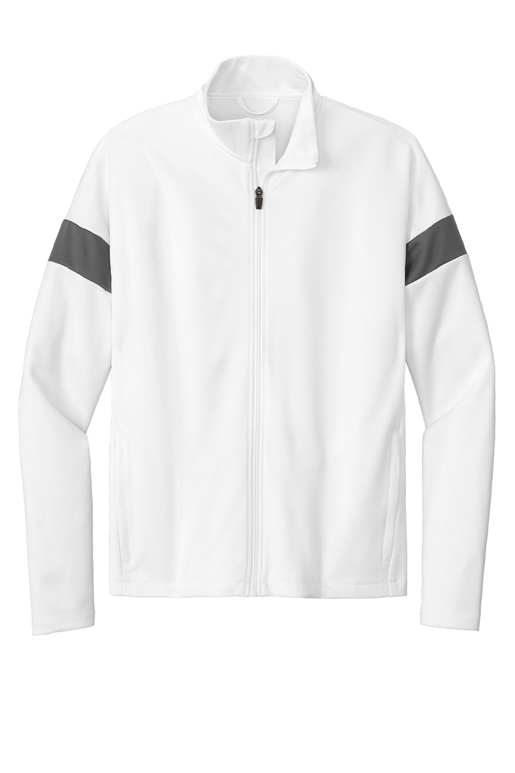 Sport-Tek ST800 Mens Moisture Wicking Travel Full Zip Jacket White/Iron Grey Flat Front