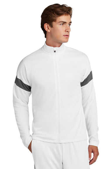 Sport-Tek ST800 Mens Moisture Wicking Travel Full Zip Jacket White/Iron Grey Model Front
