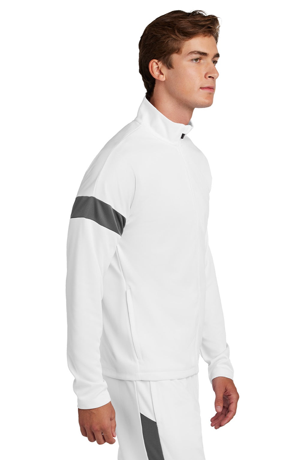 Sport-Tek ST800 Mens Moisture Wicking Travel Full Zip Jacket White/Iron Grey Model Side