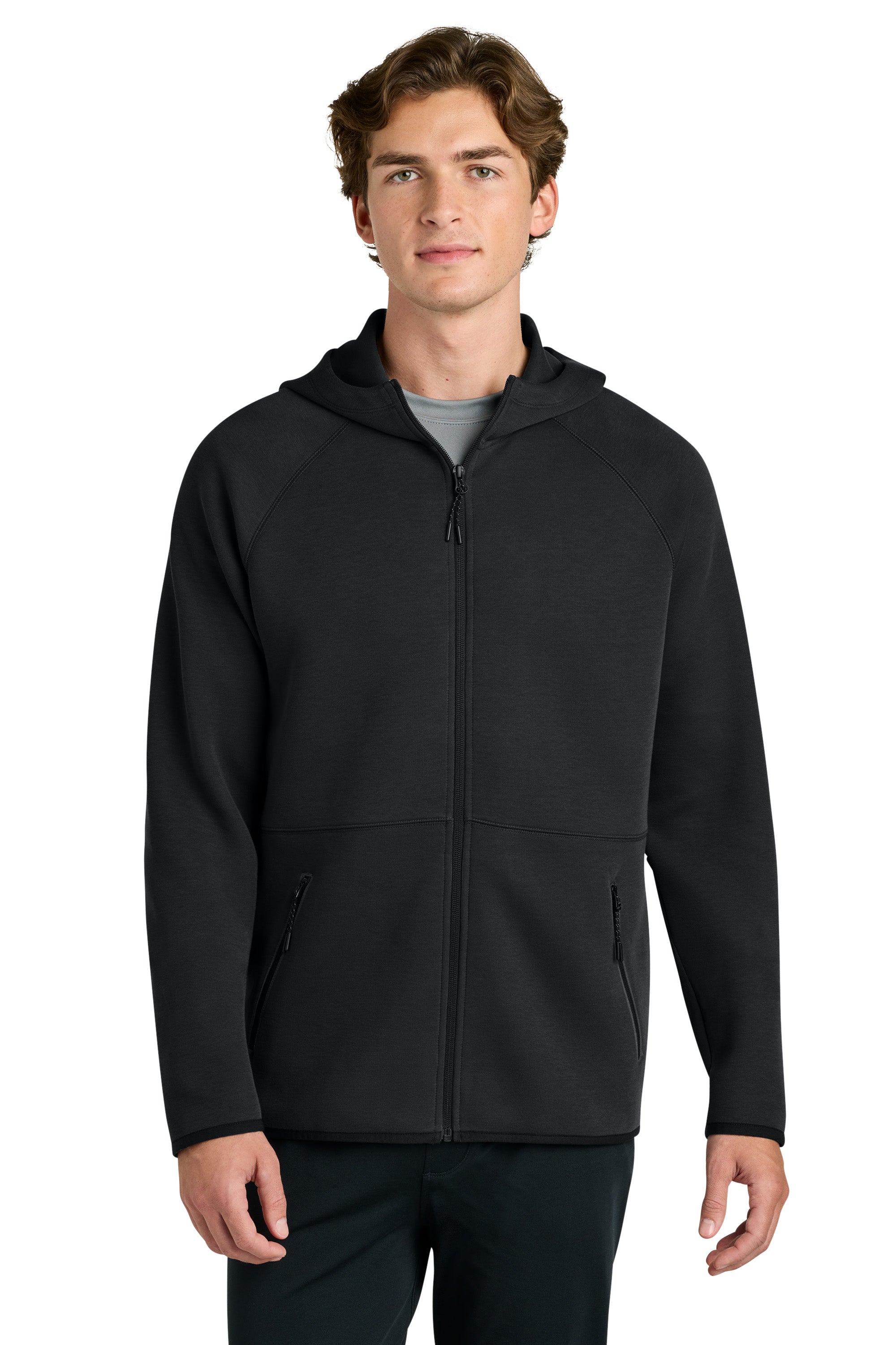 Sport-Tek ST840 Mens Phenom Full Zip Hooded Sweatshrt Hoodie w/ Pockets Black Model Front