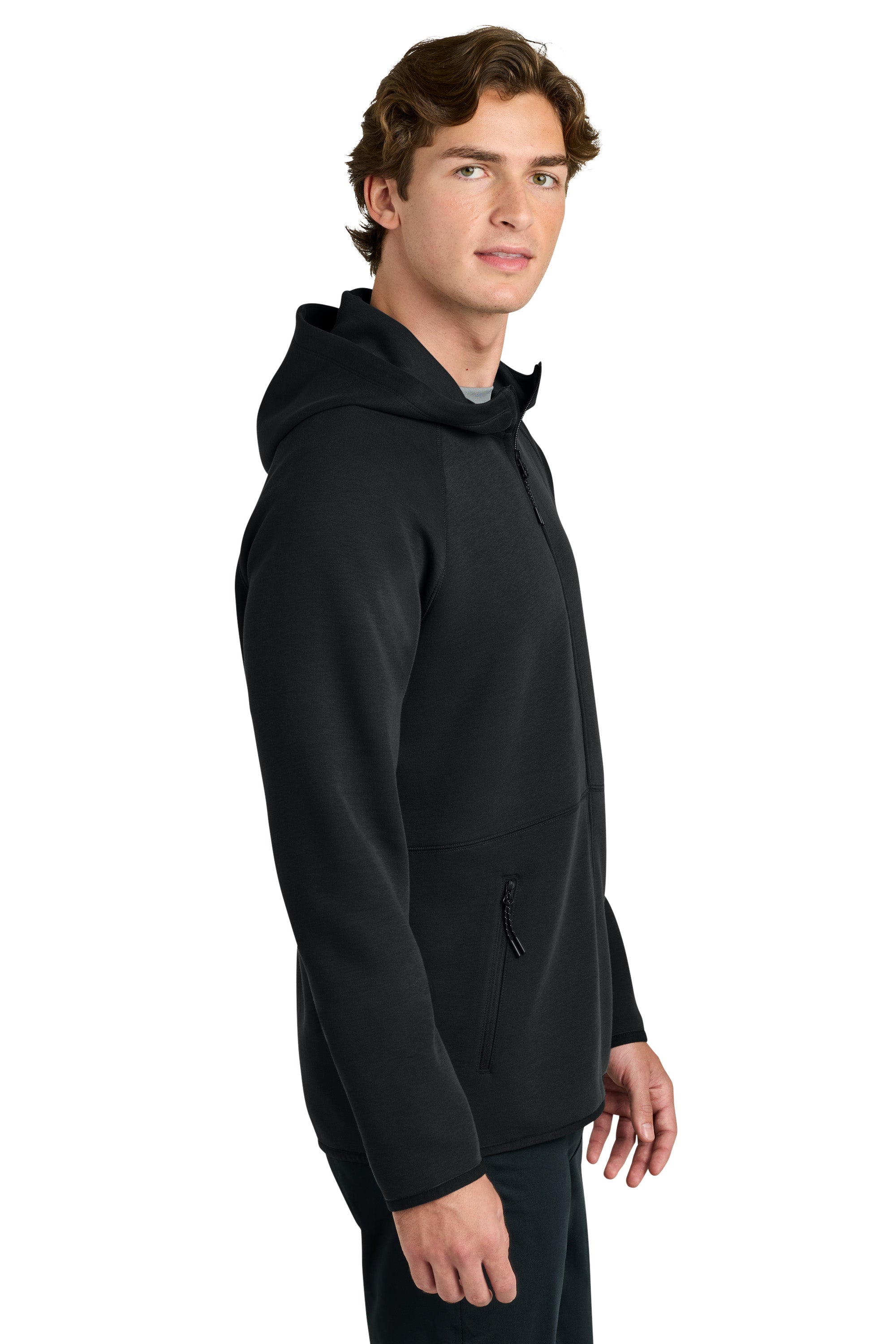Sport-Tek ST840 Mens Phenom Full Zip Hooded Sweatshrt Hoodie w/ Pockets Black Model Side