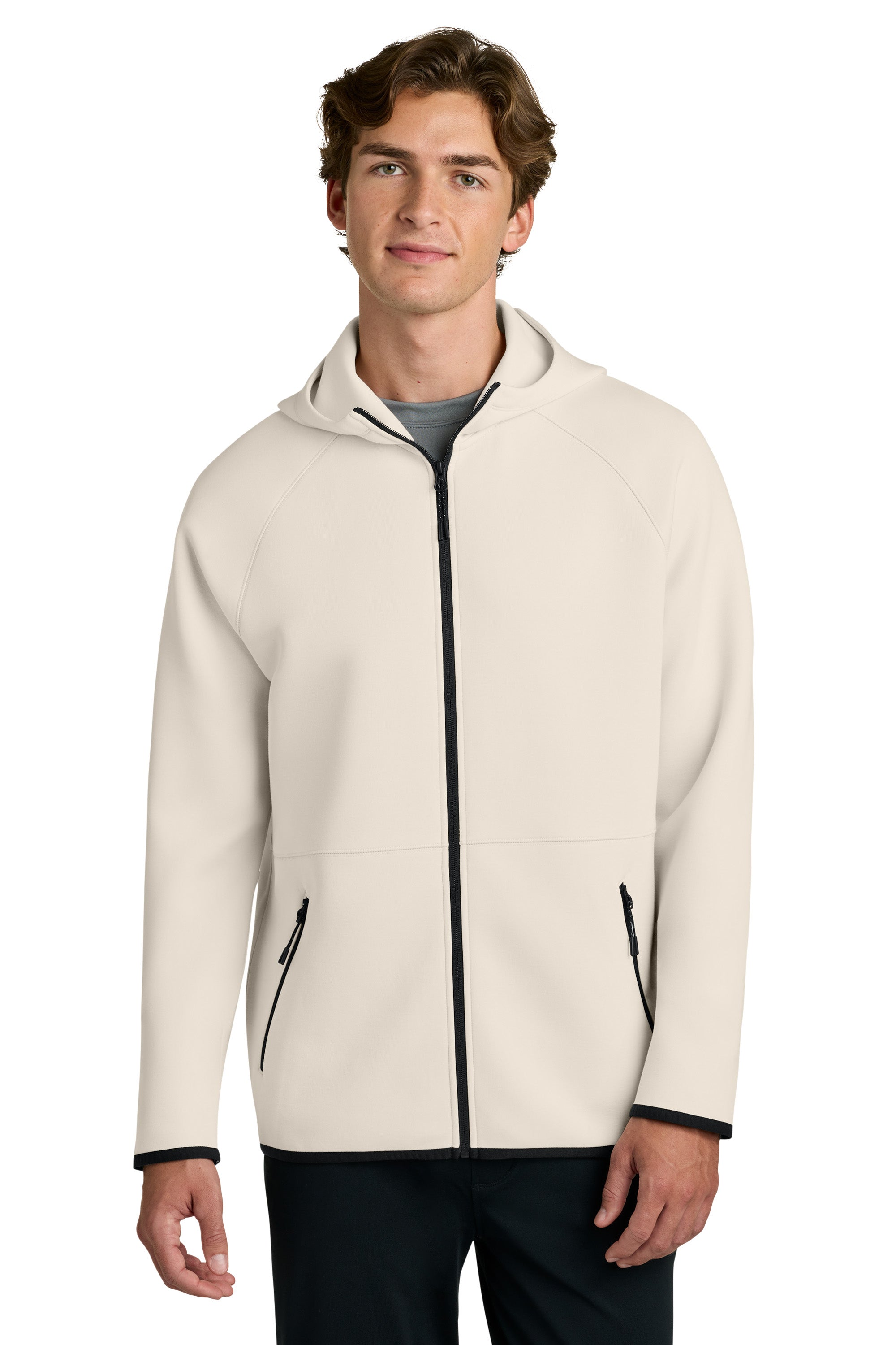 Sport-Tek ST840 Mens Phenom Full Zip Hooded Sweatshrt Hoodie w/ Pockets Ecru Model Front