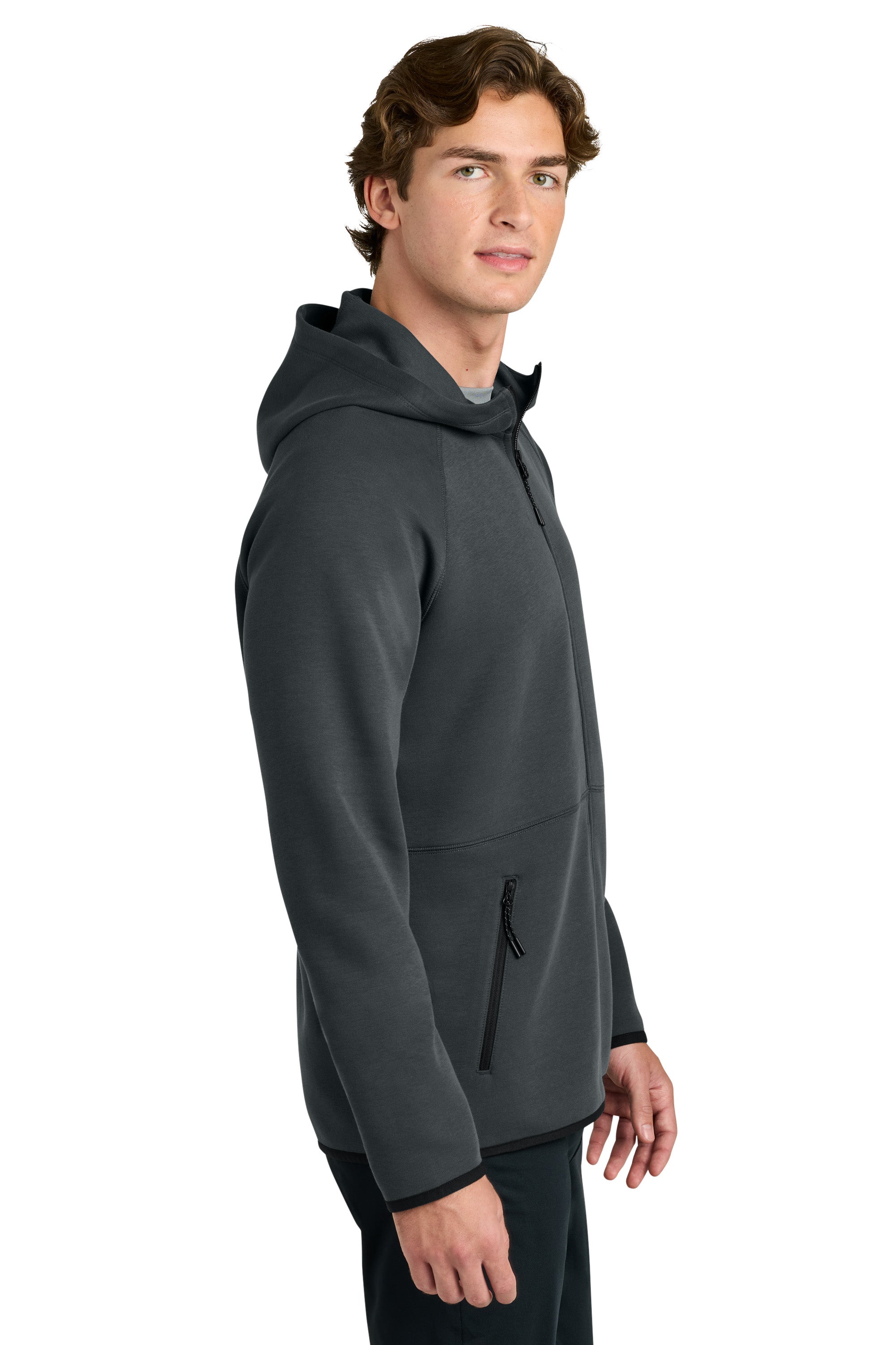 Sport-Tek ST840 Mens Phenom Full Zip Hooded Sweatshrt Hoodie w/ Pockets Iron Grey Model Side
