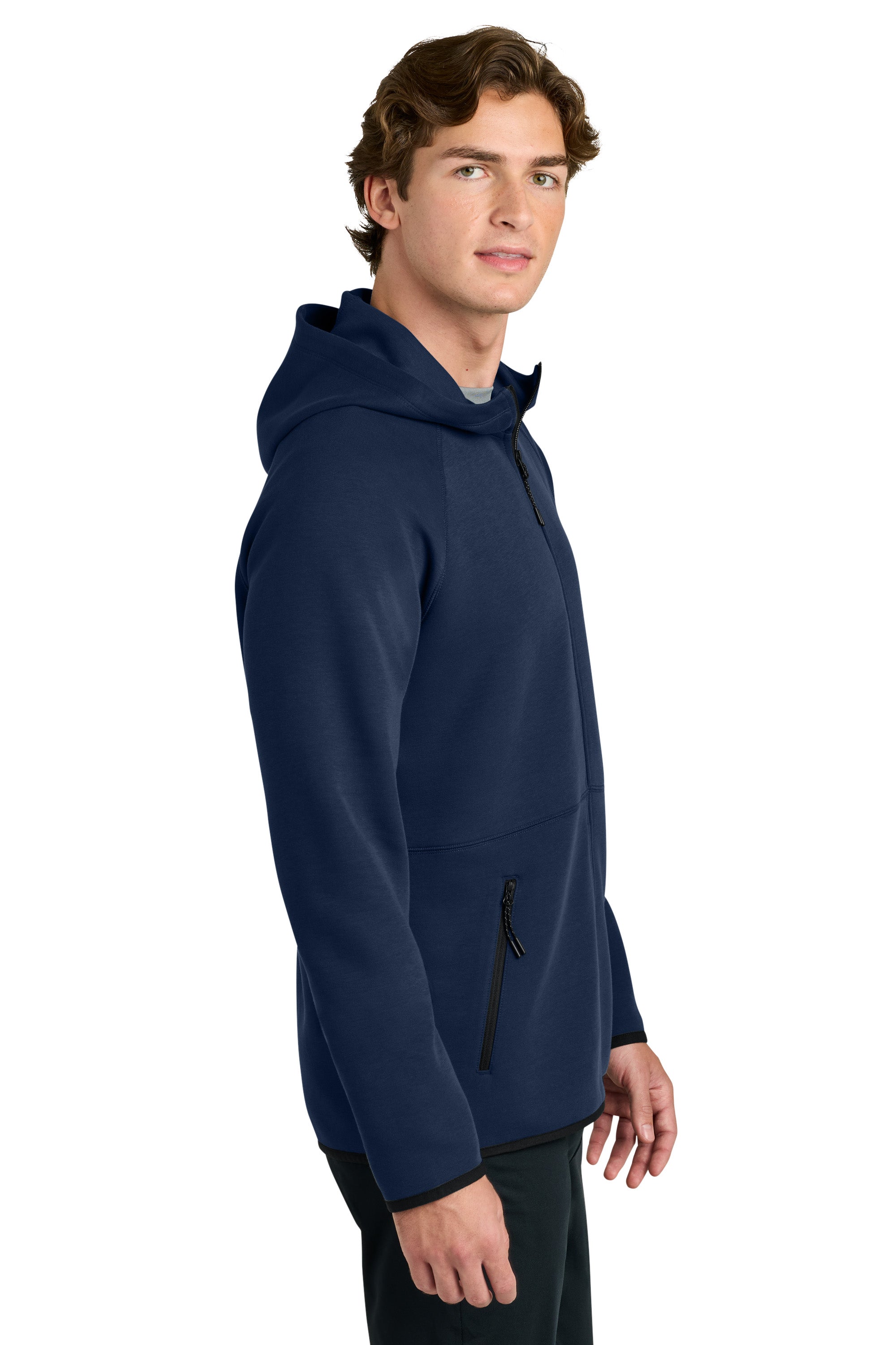 Sport-Tek ST840 Mens Phenom Full Zip Hooded Sweatshrt Hoodie w/ Pockets True Navy Blue Model Side