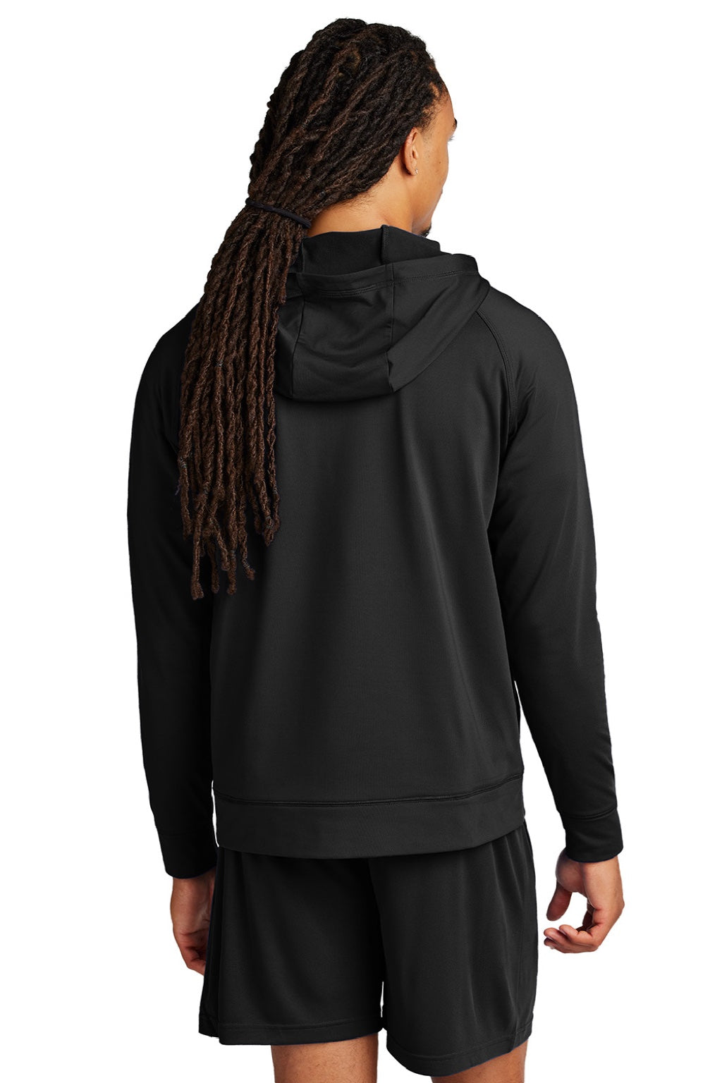 Sport-Tek ST856 Mens Sport-Wick Moisture Wicking 1/4 Zip Hooded Sweatshirt Hoodie w/ Pouch Pocket Black Model Back
