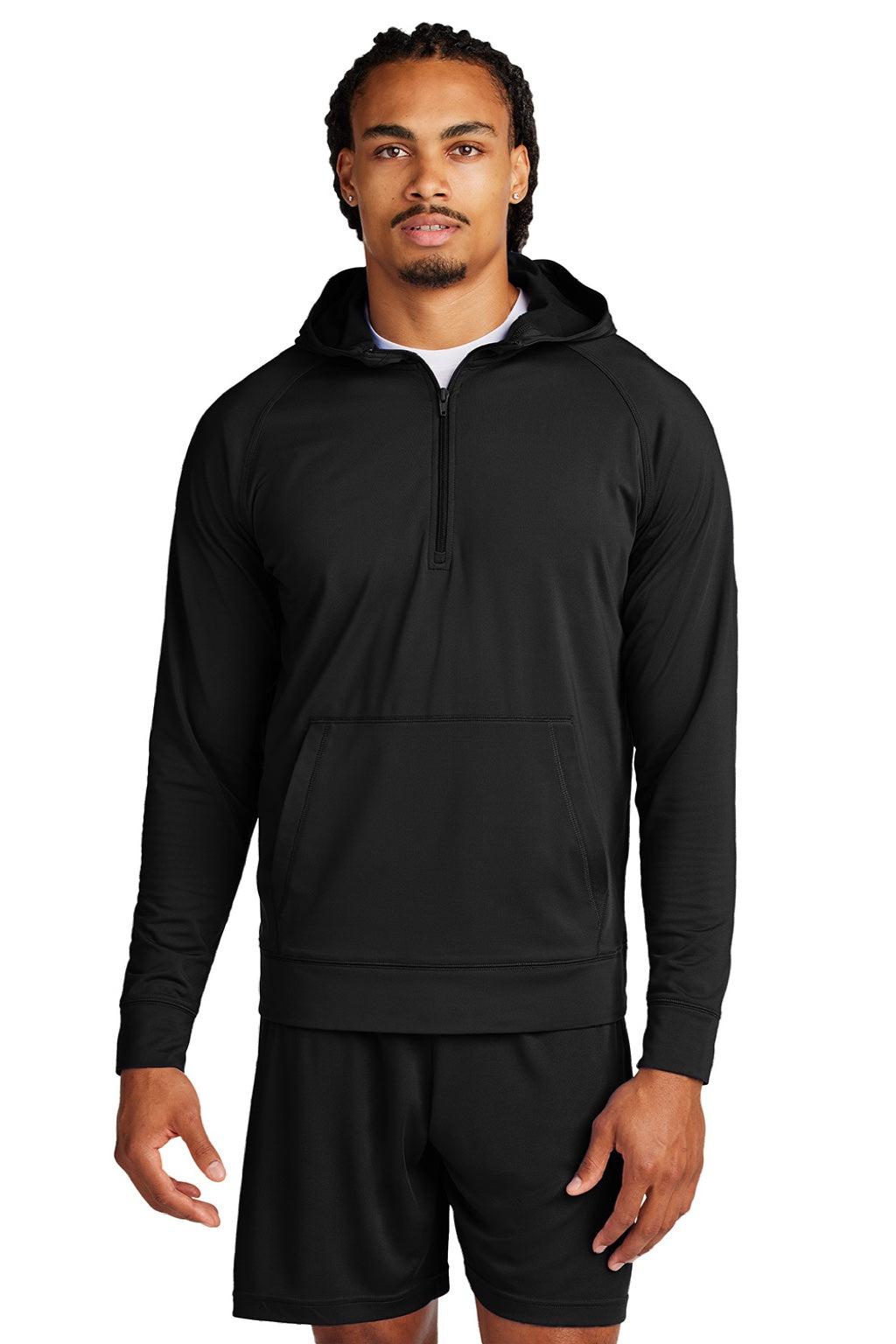 Sport-Tek ST856 Mens Sport-Wick Moisture Wicking 1/4 Zip Hooded Sweatshirt Hoodie w/ Pouch Pocket Black Model Front