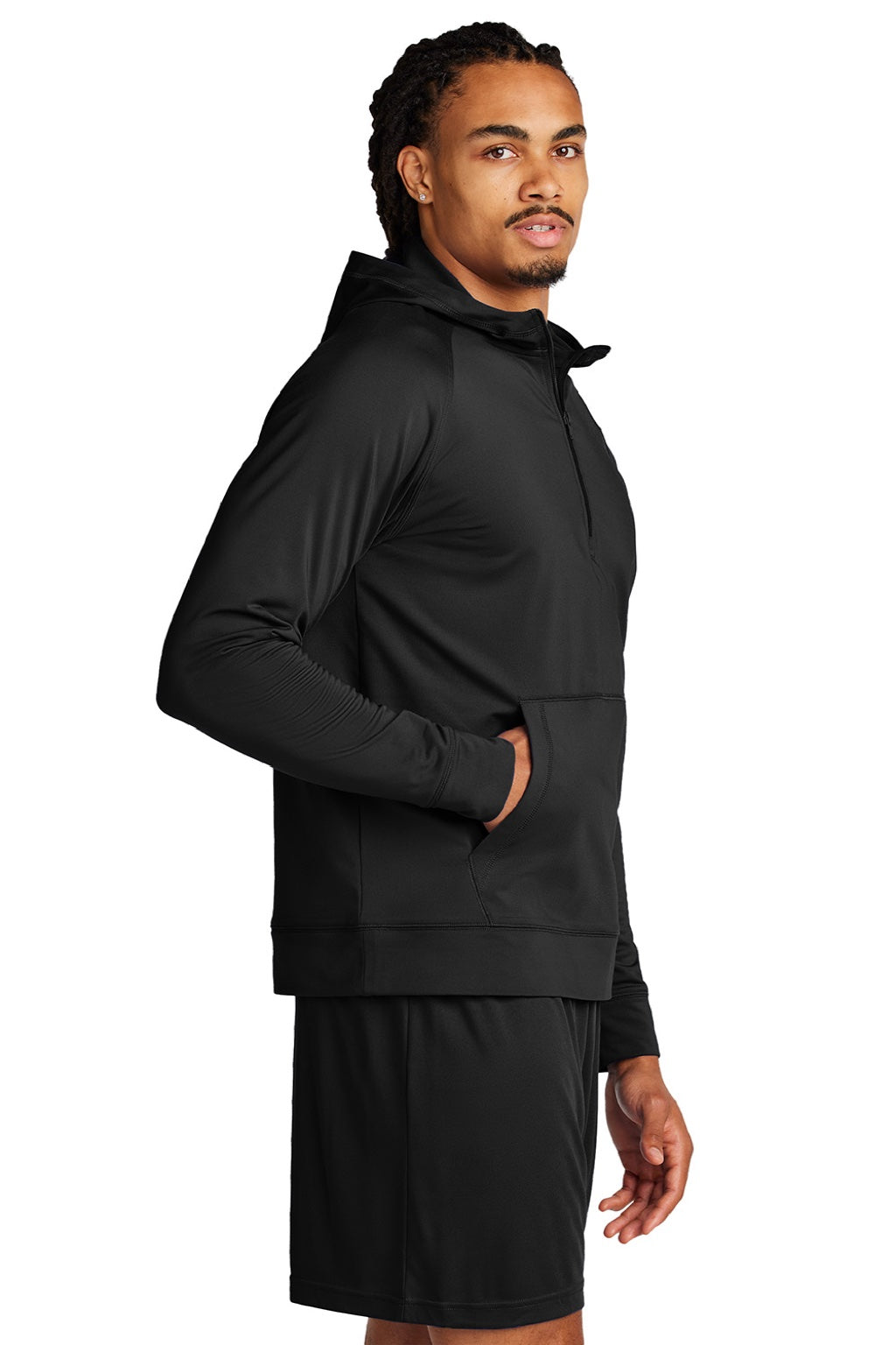 Sport-Tek ST856 Mens Sport-Wick Moisture Wicking 1/4 Zip Hooded Sweatshirt Hoodie w/ Pouch Pocket Black Model Side