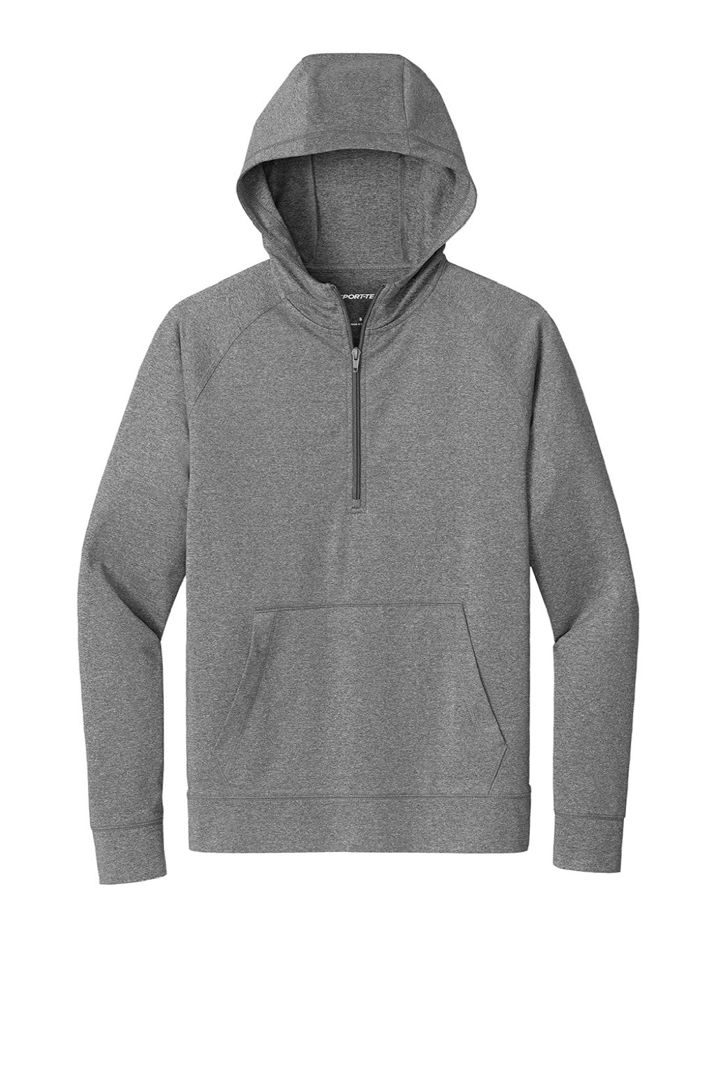 Sport-Tek ST856 Mens Sport-Wick Moisture Wicking 1/4 Zip Hooded Sweatshirt Hoodie w/ Pouch Pocket Heather Charcoal Grey Flat Front