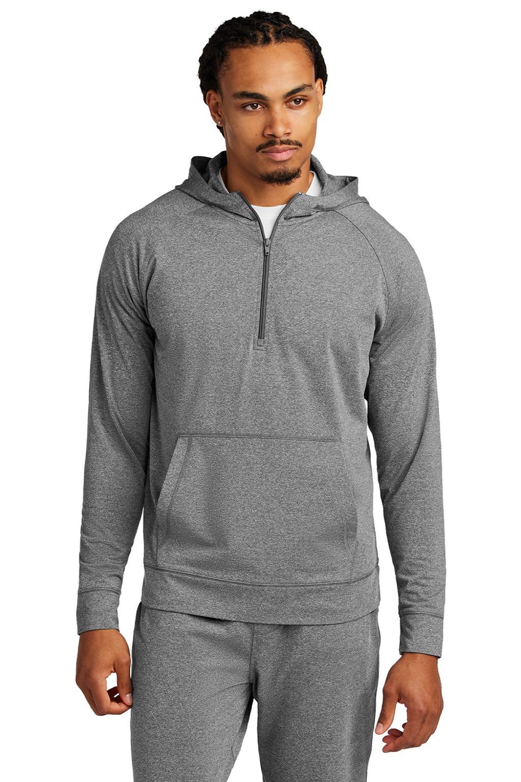 Sport-Tek ST856 Mens Sport-Wick Moisture Wicking 1/4 Zip Hooded Sweatshirt Hoodie w/ Pouch Pocket Heather Charcoal Grey Model Front