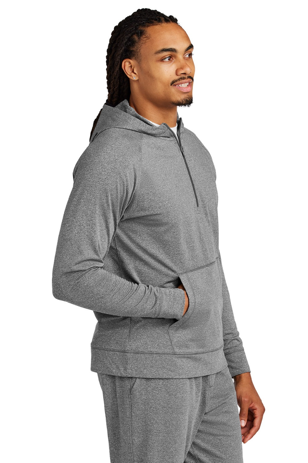 Sport-Tek ST856 Mens Sport-Wick Moisture Wicking 1/4 Zip Hooded Sweatshirt Hoodie w/ Pouch Pocket Heather Charcoal Grey Model Side