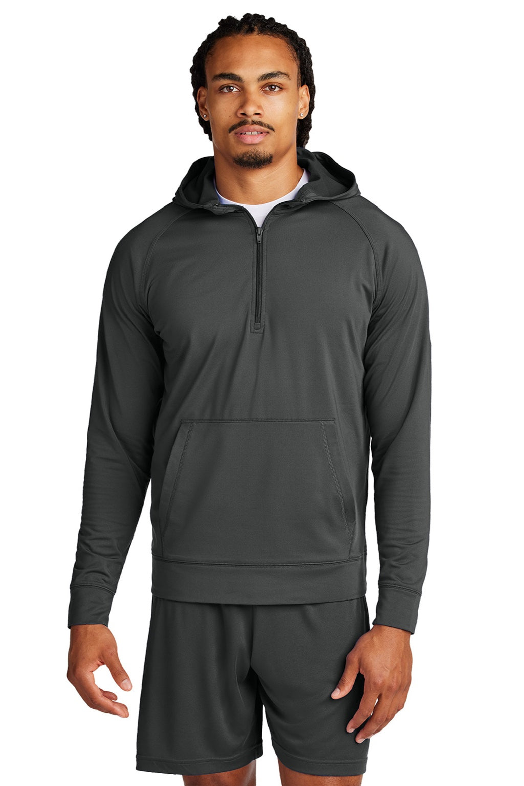 Sport-Tek ST856 Mens Sport-Wick Moisture Wicking 1/4 Zip Hooded Sweatshirt Hoodie w/ Pouch Pocket Charcoal Grey Model Front