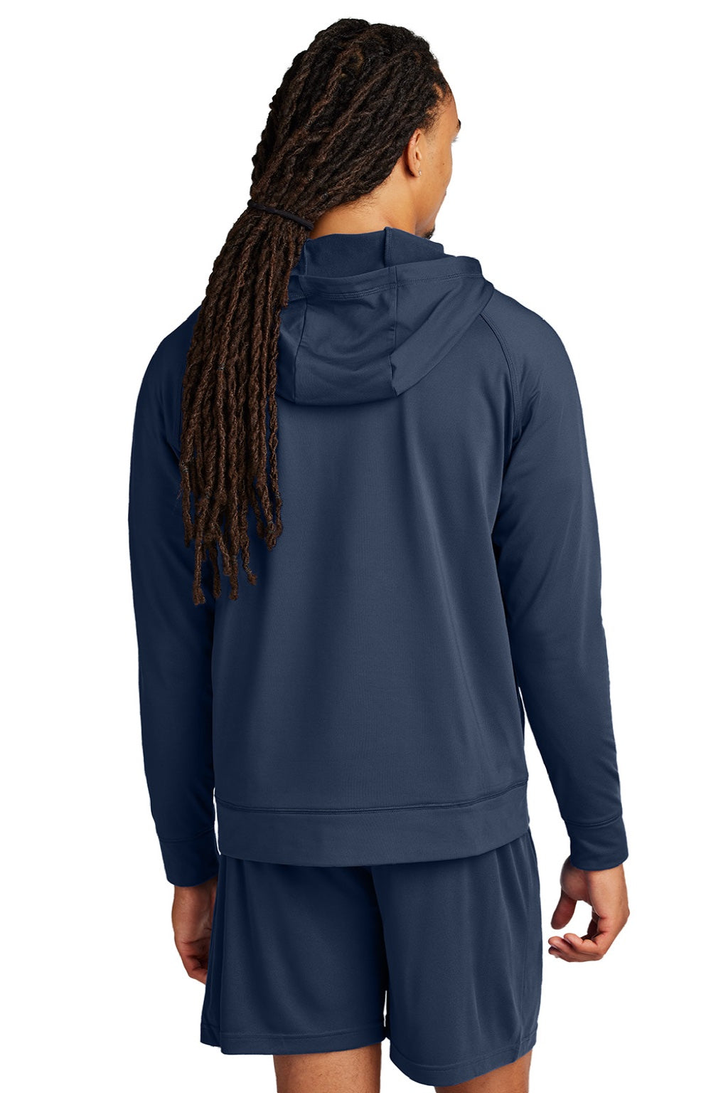 Sport-Tek ST856 Mens Sport-Wick Moisture Wicking 1/4 Zip Hooded Sweatshirt Hoodie w/ Pouch Pocket True Navy Blue Model Back
