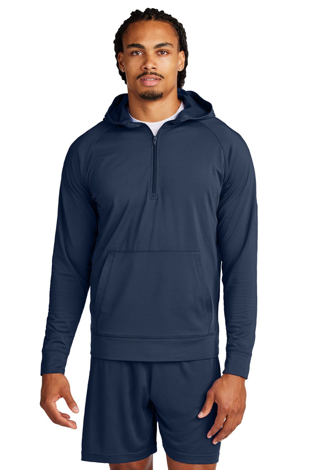 Sport-Tek ST856 Mens Sport-Wick Moisture Wicking 1/4 Zip Hooded Sweatshirt Hoodie w/ Pouch Pocket True Navy Blue Model Front
