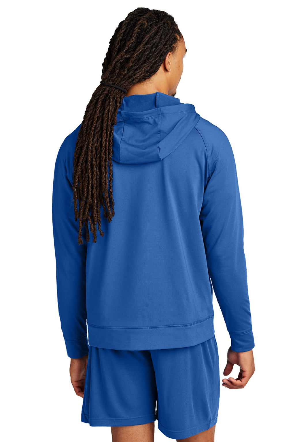 Sport-Tek ST856 Mens Sport-Wick Moisture Wicking 1/4 Zip Hooded Sweatshirt Hoodie w/ Pouch Pocket True Royal Blue Model Back