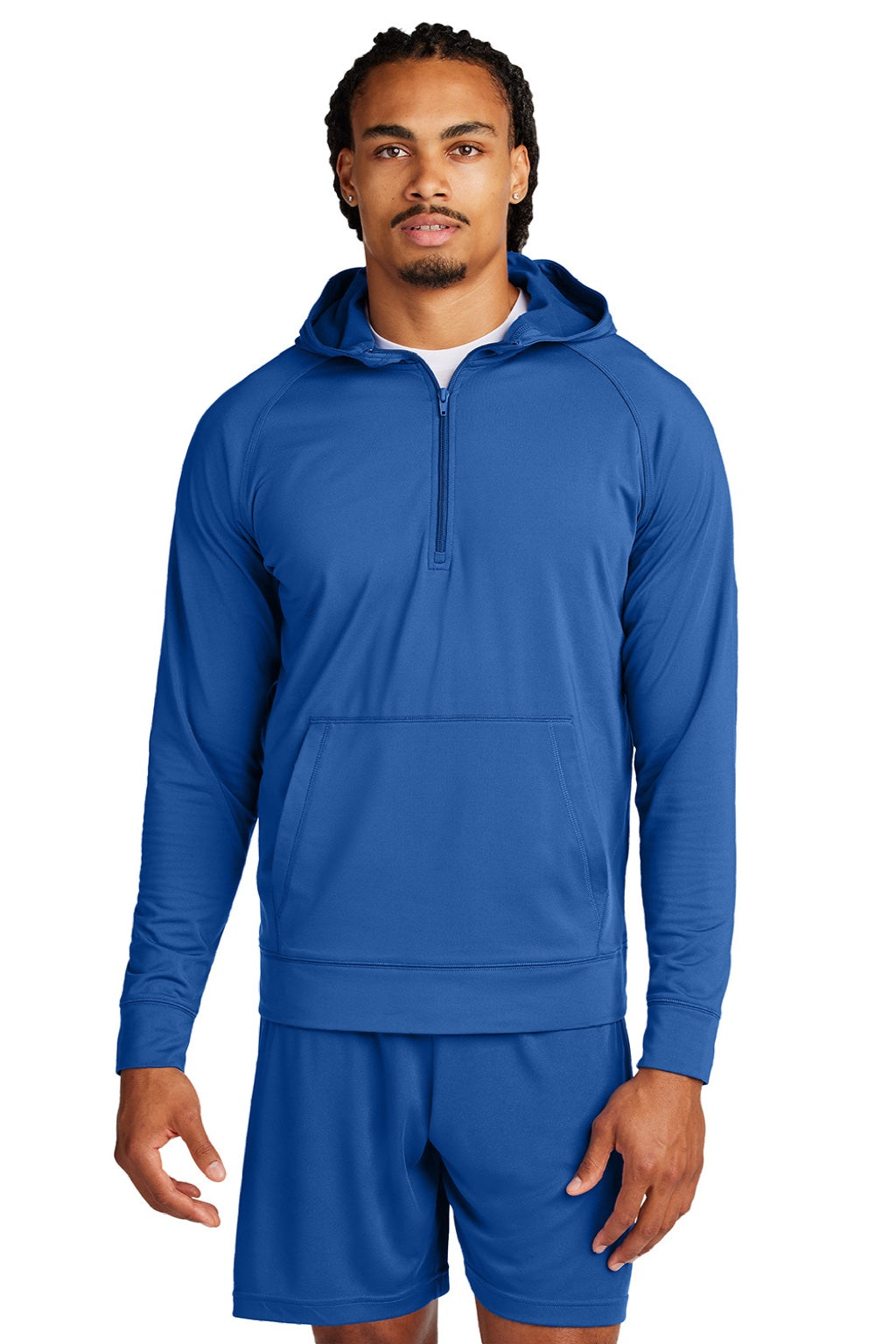 Sport-Tek ST856 Mens Sport-Wick Moisture Wicking 1/4 Zip Hooded Sweatshirt Hoodie w/ Pouch Pocket True Royal Blue Model Front