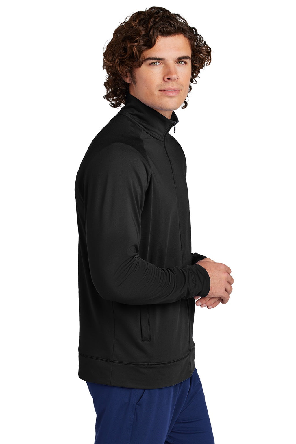 Sport-Tek ST857 Mens Sport-Wick Moisture Wicking Full Zip Cadet Jacket Black Model Side