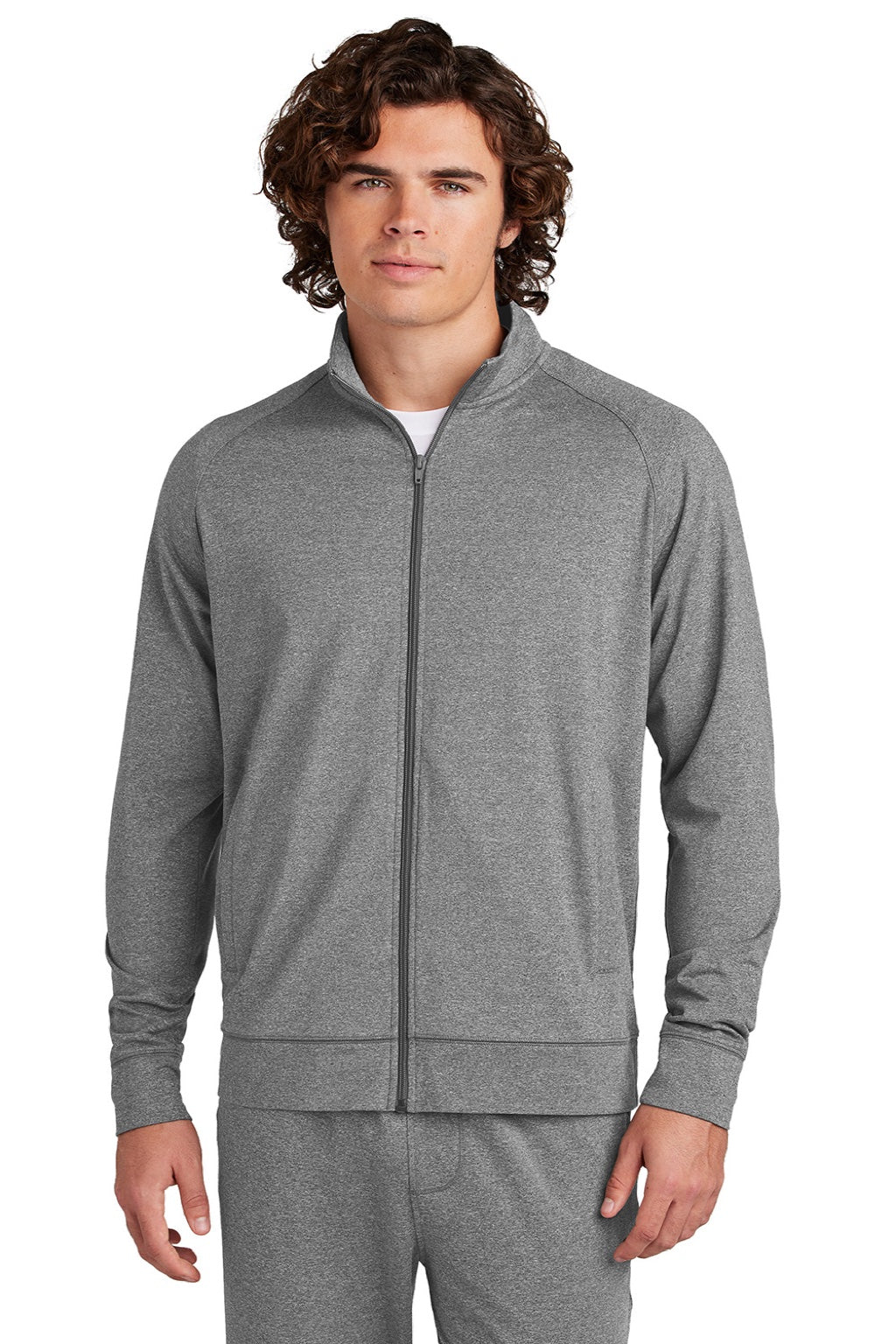 Sport-Tek ST857 Mens Sport-Wick Moisture Wicking Full Zip Cadet Jacket Heather Charcoal Grey Model Front