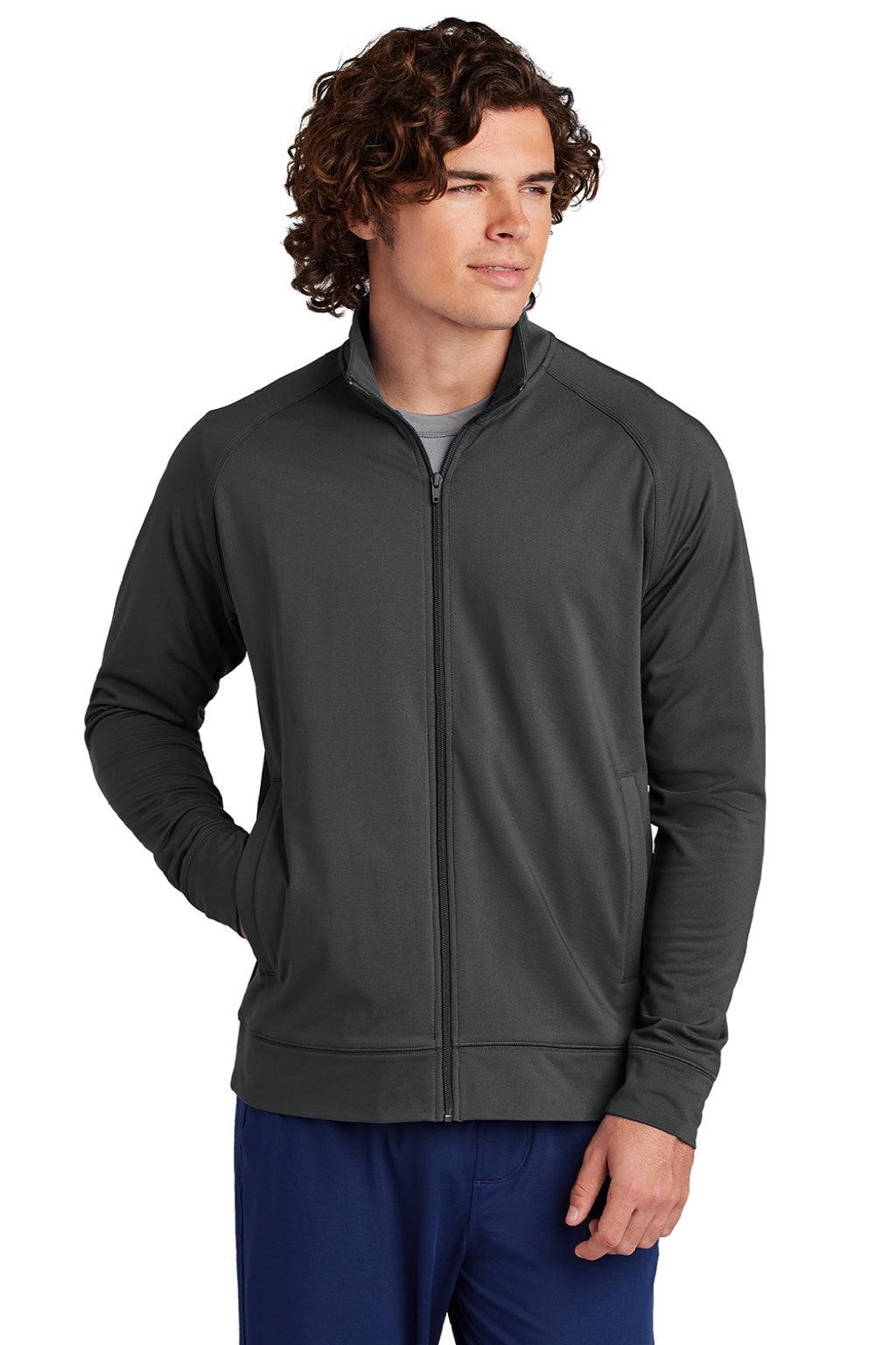 Sport-Tek ST857 Mens Sport-Wick Moisture Wicking Full Zip Cadet Jacket Charcoal Grey Model Front