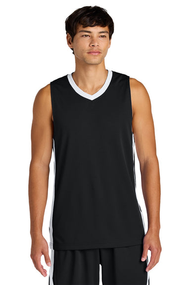 Sport-Tek ST900 Mens Rival Basketball Moisture Wicking Reversible Jersey Tank Top Black/White Model Front