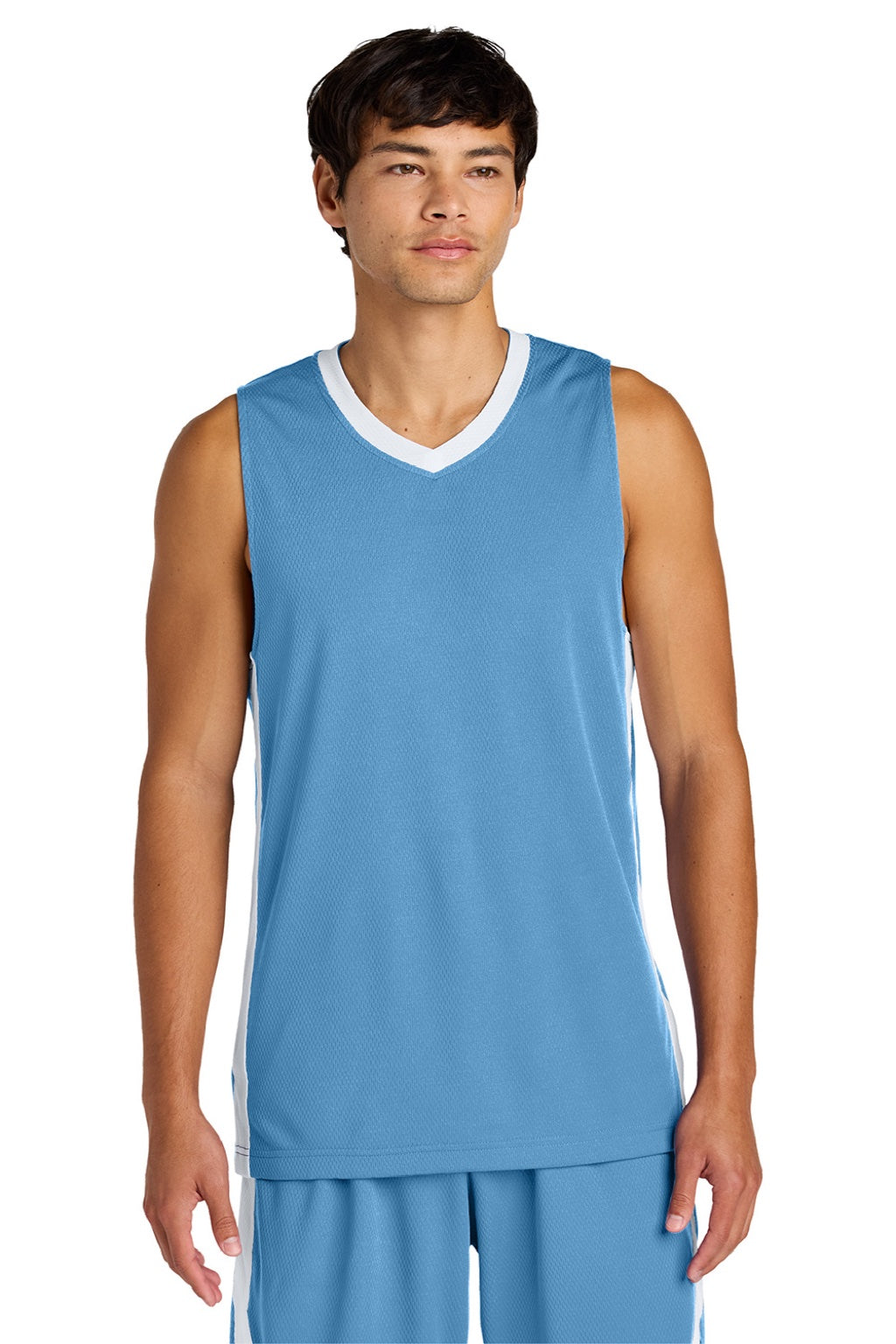 Sport-Tek ST900 Mens Rival Basketball Moisture Wicking Reversible Jersey Tank Top Carolina Blue/White Model Front
