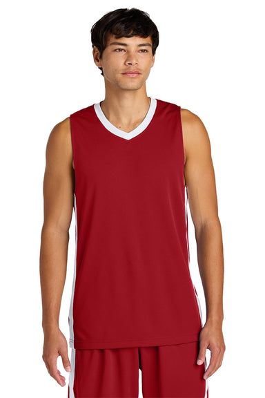 Sport-Tek ST900 Mens Rival Basketball Moisture Wicking Reversible Jersey Tank Top Deep Red/White Model Front