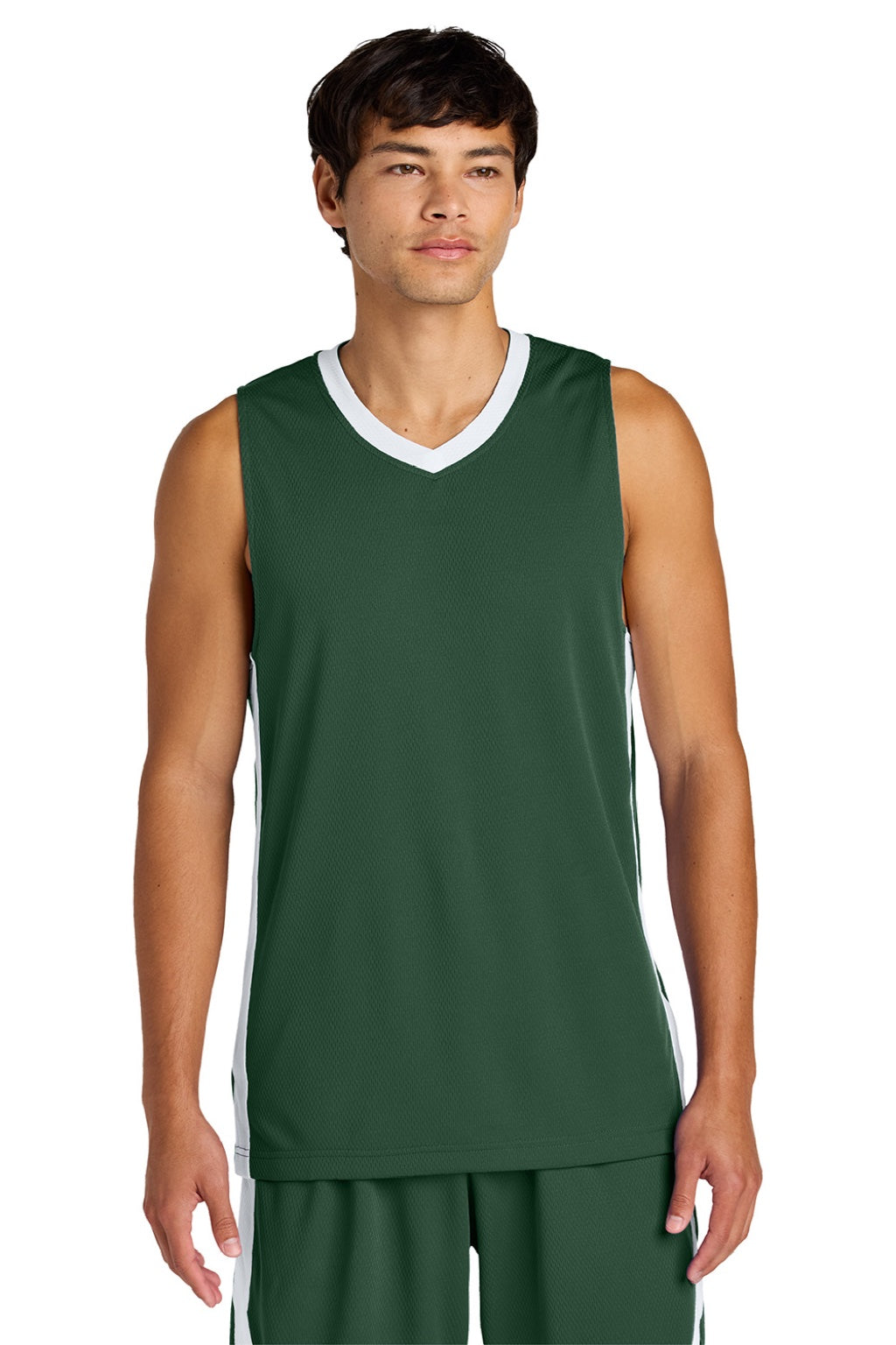 Sport-Tek ST900 Mens Rival Basketball Moisture Wicking Reversible Jersey Tank Top Forest Green/White Model Front