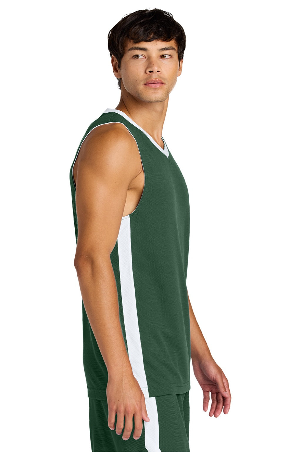 Sport-Tek ST900 Mens Rival Basketball Moisture Wicking Reversible Jersey Tank Top Forest Green/White Model Side