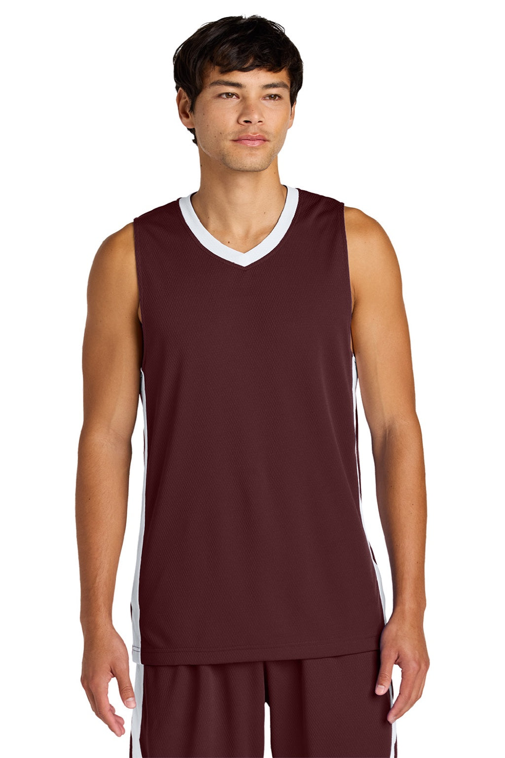 Sport-Tek ST900 Mens Rival Basketball Moisture Wicking Reversible Jersey Tank Top Maroon/White Model Front