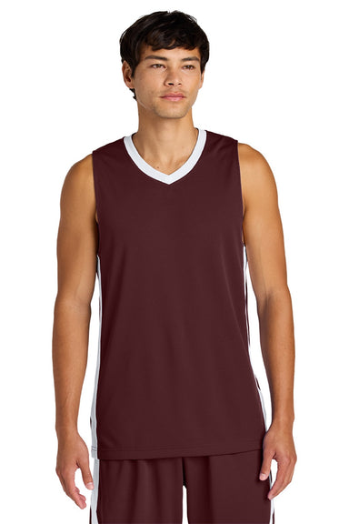 Sport-Tek ST900 Mens Rival Basketball Moisture Wicking Reversible Jersey Tank Top Maroon/White Model Front