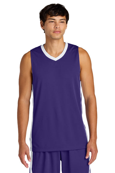 Sport-Tek ST900 Mens Rival Basketball Moisture Wicking Reversible Jersey Tank Top Purple/White Model Front