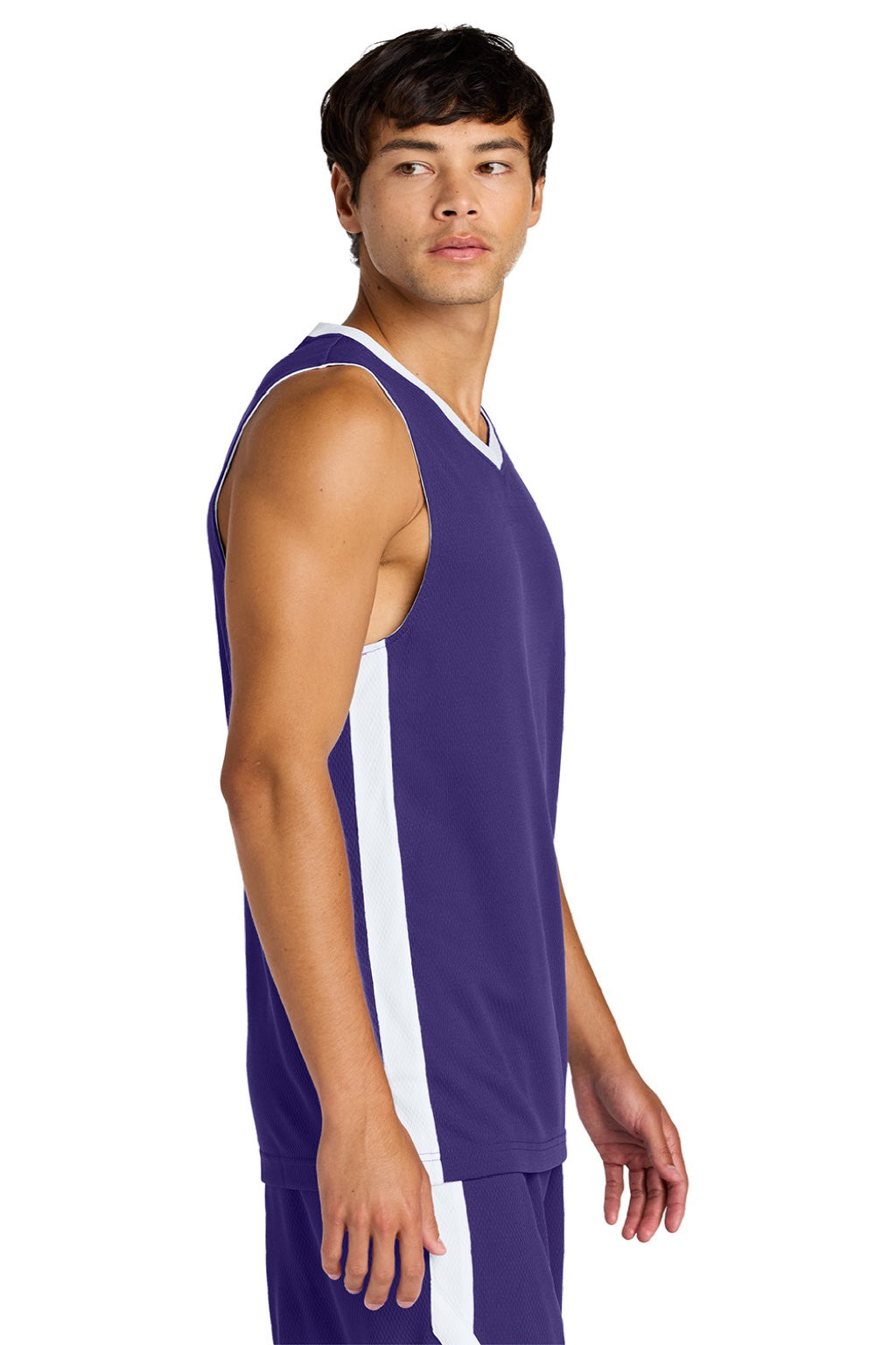 Sport-Tek ST900 Mens Rival Basketball Moisture Wicking Reversible Jersey Tank Top Purple/White Model Side