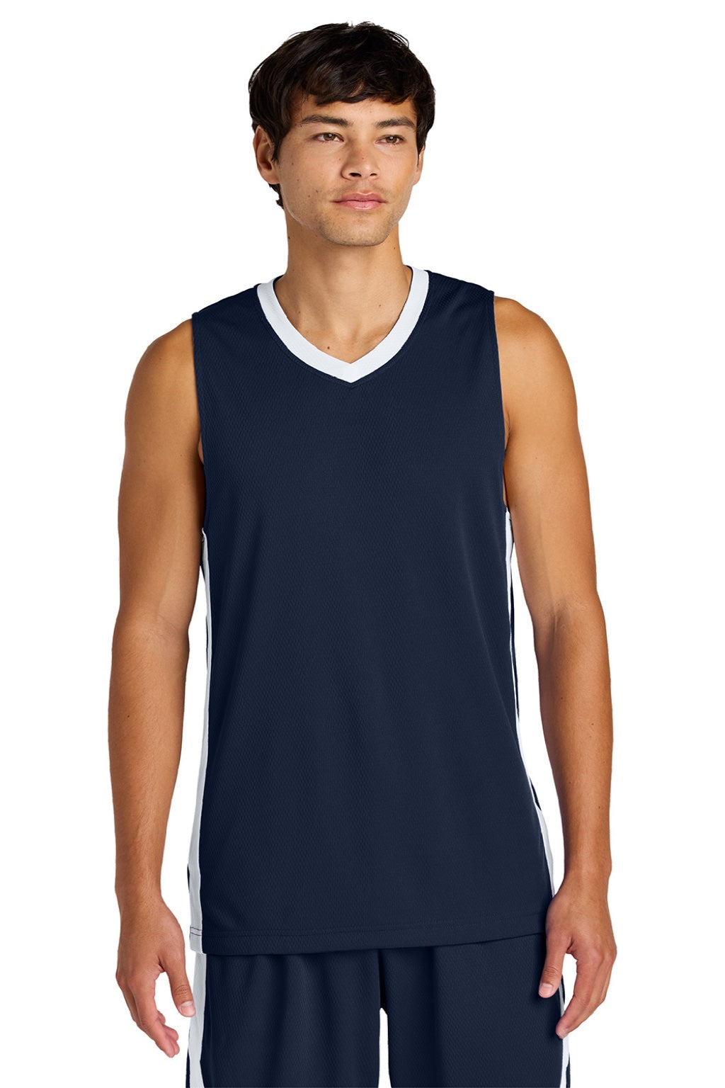 Sport-Tek ST900 Mens Rival Basketball Moisture Wicking Reversible Jersey Tank Top True Navy Blue/White Model Front