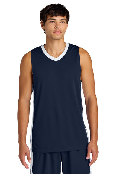 Sport-Tek ST900 Mens Rival Basketball Moisture Wicking Reversible Jersey Tank Top True Navy Blue/White Model Front
