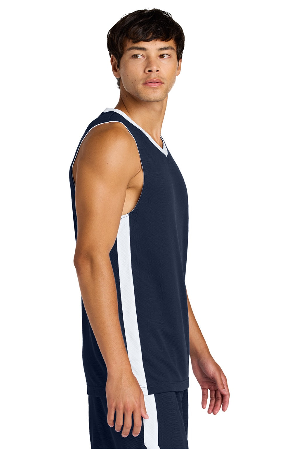 Sport-Tek ST900 Mens Rival Basketball Moisture Wicking Reversible Jersey Tank Top True Navy Blue/White Model Side